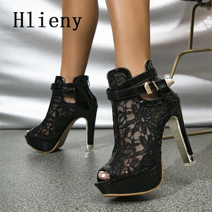 Hlieny Otoño Sexy Tela de Malla Plataforma Tacones Altos Botas Sandalias Mujer Peep Toe Club Nocturno Fiesta Stiletto Zapatos Femeninos