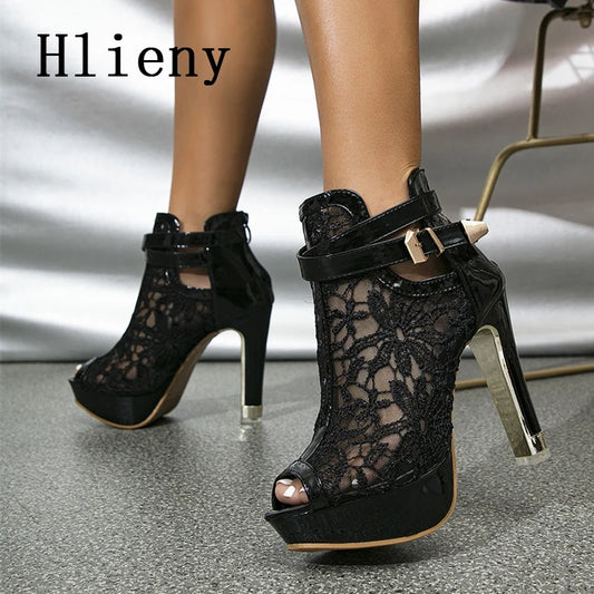 Hlieny Otoño Sexy Tela de Malla Plataforma Tacones Altos Botas Sandalias Mujer Peep Toe Club Nocturno Fiesta Stiletto Zapatos Femeninos