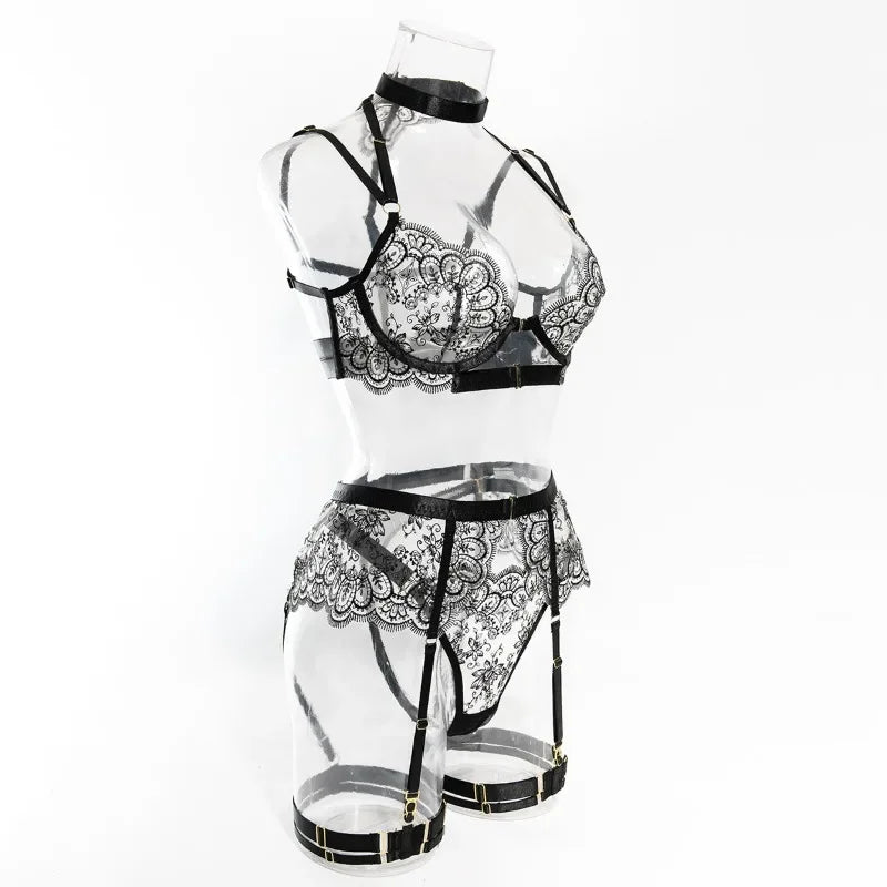 Tornova - Conjunto de ropa interior sexy con bordado de 5 piezas para mujer, de malla con retazos, transparente, con cuello halter y ligas, lencería sexy