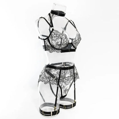 Tornova - Conjunto de ropa interior sexy con bordado de 5 piezas para mujer, de malla con retazos, transparente, con cuello halter y ligas, lencería sexy