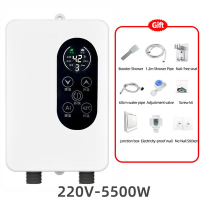 Calentador de agua instantáneo inteligente de pared con ducha eléctrica sin tanque y calentamiento rápido. Termostato para baño y cocina. 110V/220V