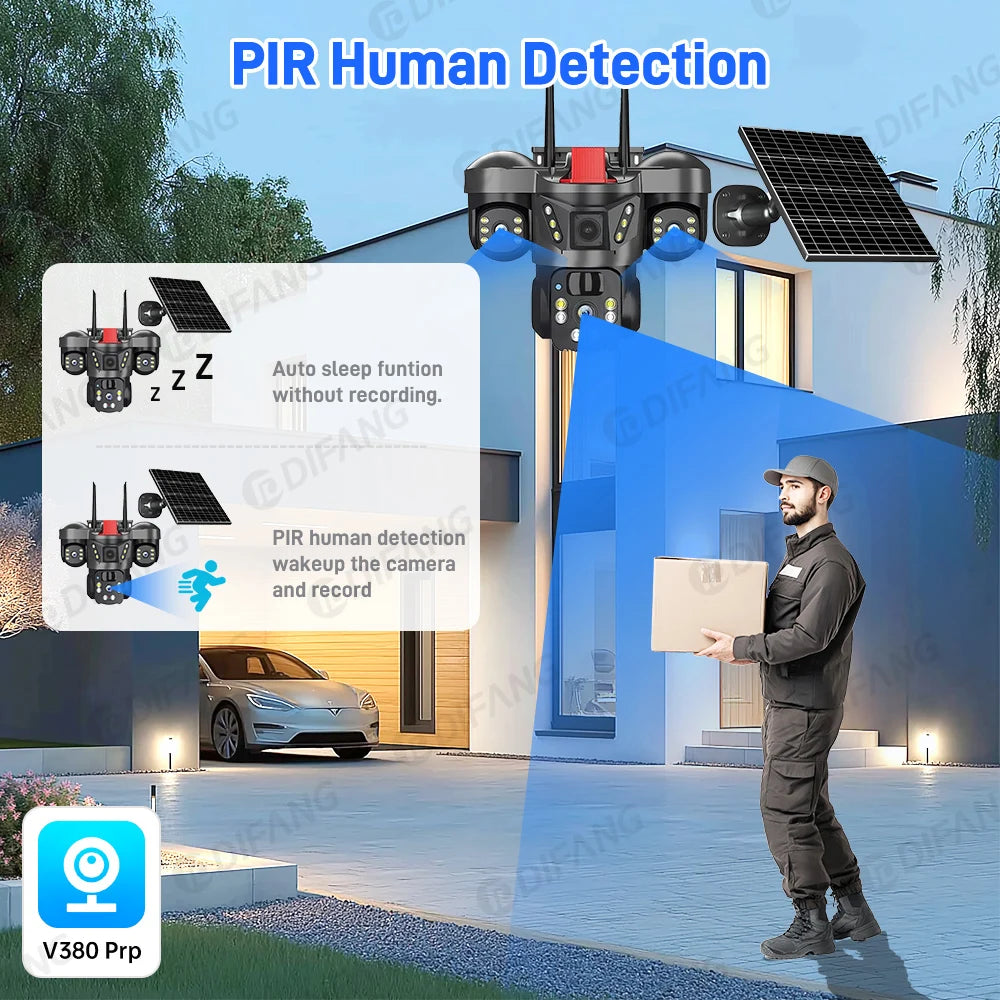 Cámara de vigilancia solar 8K 15MP con tres pantallas, WiFi, seguimiento automático, PTZ, tarjeta SIM 4G, cámara IP solar inalámbrica V380 Pro