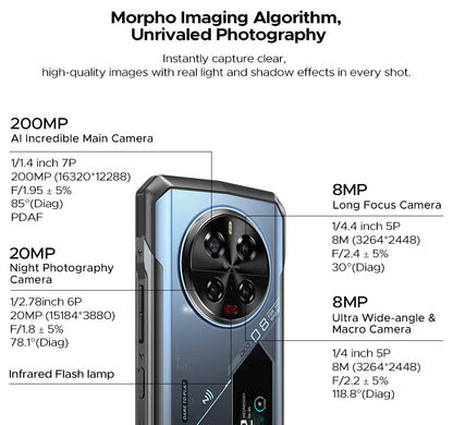 Teléfono robusto DOOGEE V40 Pro 5G versión global, pantalla de 6,78", 16 GB + 512 GB, dimensiones 7300, cámara con IA de 200 MP, 8680 mAh, cargador rápido de 33 W.