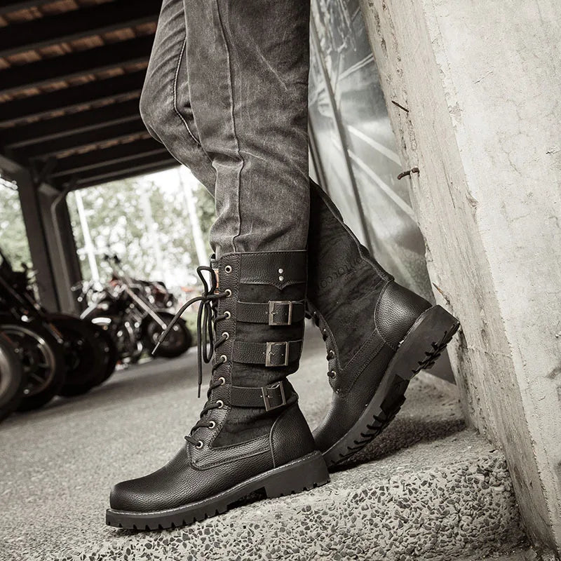 Botas vaqueras altas para hombre, zapatos con refuerzo interior, transpirables, de talla grande, informales, para motocicleta, 2025