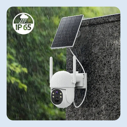 Cámara solar WiFi de 4 MP para exteriores, 2K, batería integrada, cámara de seguridad tipo domo con alimentación solar, alarma de movimiento PIR, almacenamiento en la nube y audio bidireccional.