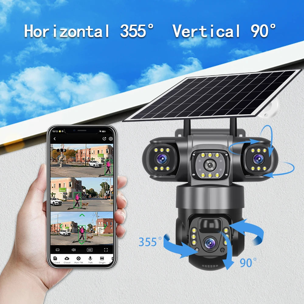 Cámara solar WiFi V380 Pro de 15 MP con 3 lentes, 3 pantallas, zoom 10x, detección de movimiento, resistente al agua, visión nocturna y protección CCTV.