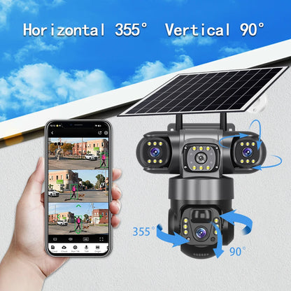 Cámara solar WiFi V380 Pro de 15 MP con 3 lentes, 3 pantallas, zoom 10x, detección de movimiento, resistente al agua, visión nocturna y protección CCTV.