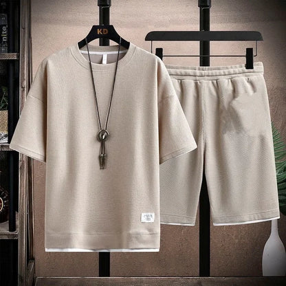 Conjunto deportivo informal de verano para hombre, pantalones cortos de manga corta con cordón, pantalones holgados de cinco cuartos, traje fino de dos piezas para hombre
