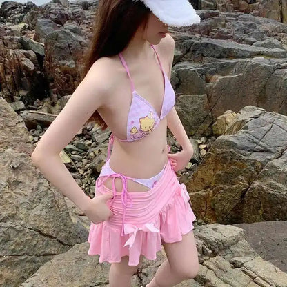 Conjunto de bikini Miniso Hello Kitty Kawaii con cordones, sujetador halter a rayas, ropa interior de dos piezas estilo Y2K, traje de baño Lolita rosa para niñas