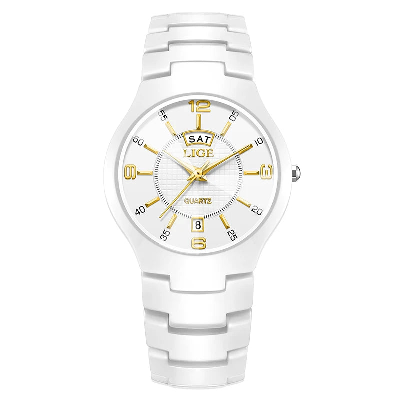 Reloj de cuarzo de cerámica de moda LIGE para mujer, reloj deportivo informal con fecha semanal, reloj creativo de acero resistente al agua para mujer