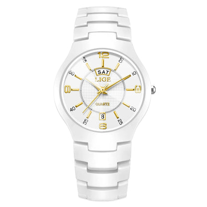 Reloj de cuarzo de cerámica de moda LIGE para mujer, reloj deportivo informal con fecha semanal, reloj creativo de acero resistente al agua para mujer
