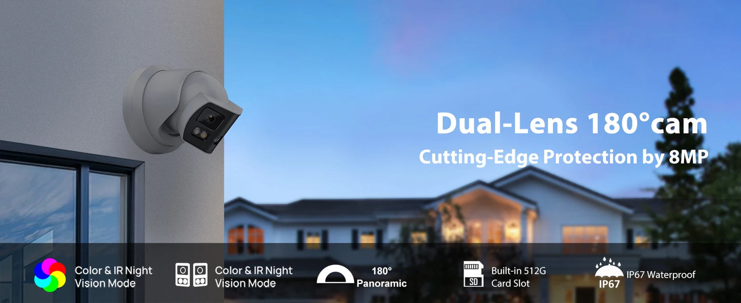 Cámara IP panorámica VIKYLIN compatible con Hikvision, 8 MP, 2 lentes, audio bidireccional, alarma MD2.0, videovigilancia exterior.