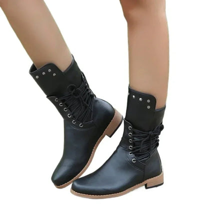 Botas de media caña con remaches para mujer, botines de caballero a la moda, estilo británico, para otoño e invierno, con cordones cruzados, de PU