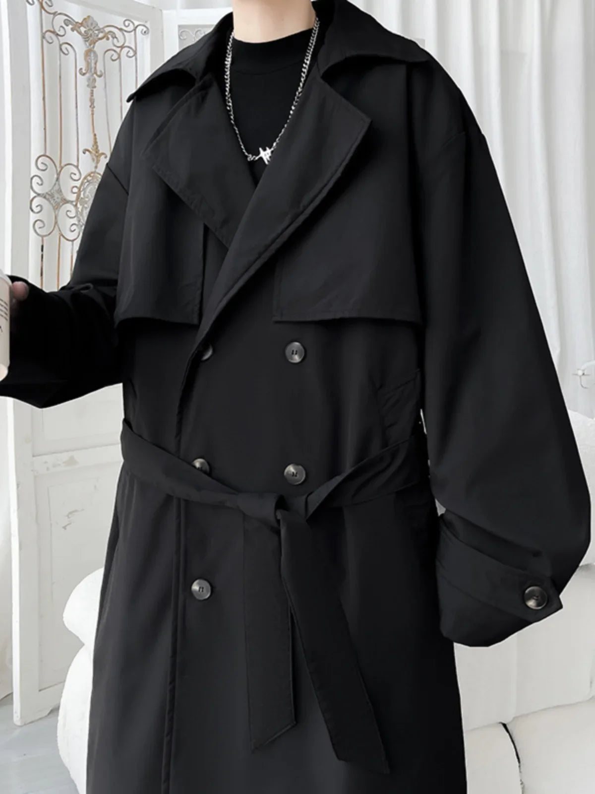 Gabardina de hombre, corte ajustado, cruzada, con cinturón, cortavientos, solapa, chaqueta larga, informal, impermeable, tallas M-5XL