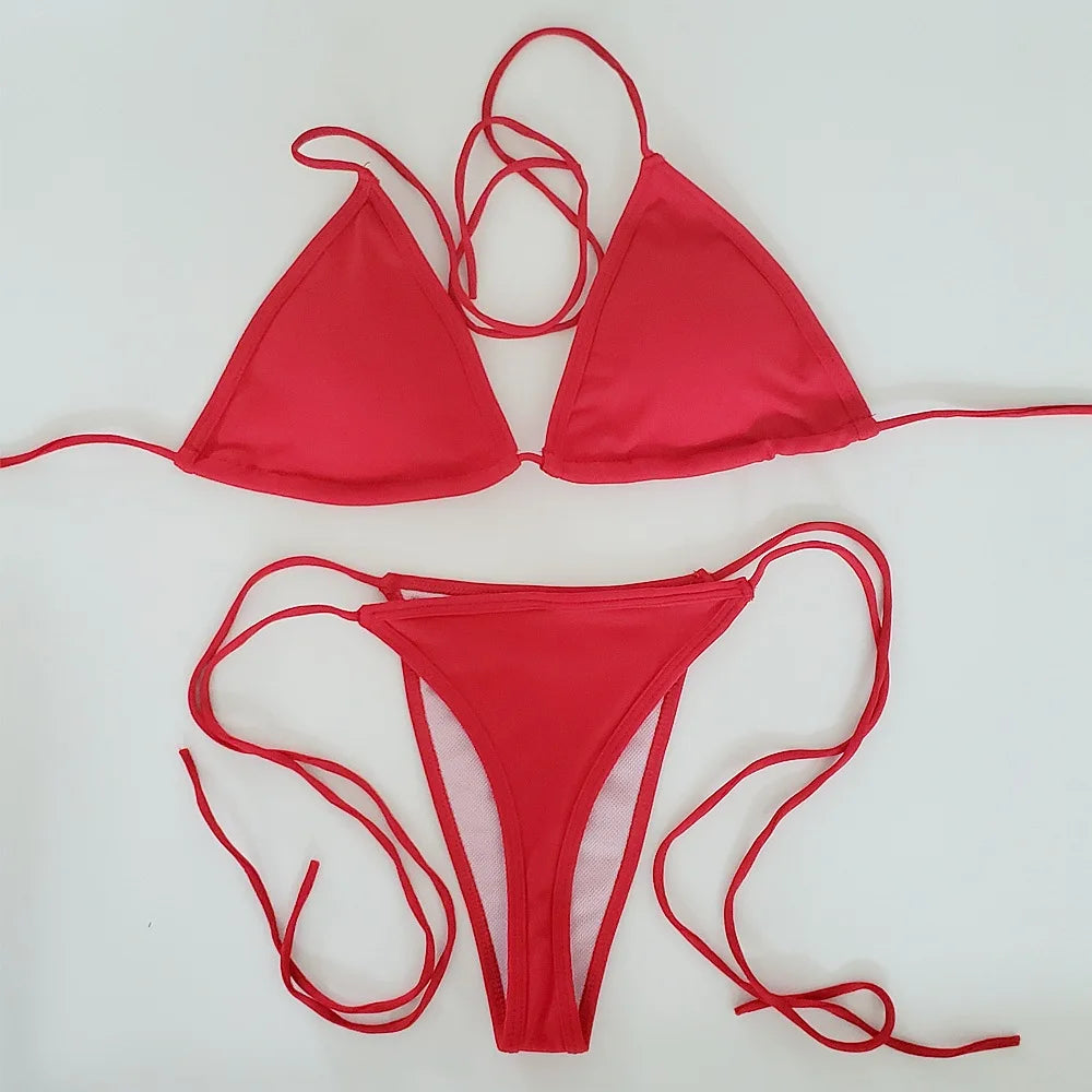 Traje de baño para mujer, superventas 2025, bikini sexy con tanga, transpirable, con tiras, color sólido, dividido, para piscina y playa.