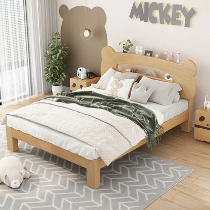 Cama infantil individual de madera maciza con diseño de oso y noche, con almacenamiento y dibujos animados sencillos. Ahora es un niño.
