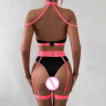 Conjunto de lencería sexy para mujer, con panel de encaje, escote en V profundo, glúteos abiertos, tirantes con forma de corazón de melocotón, cadena cruzada, liguero, ropa interior de tres piezas