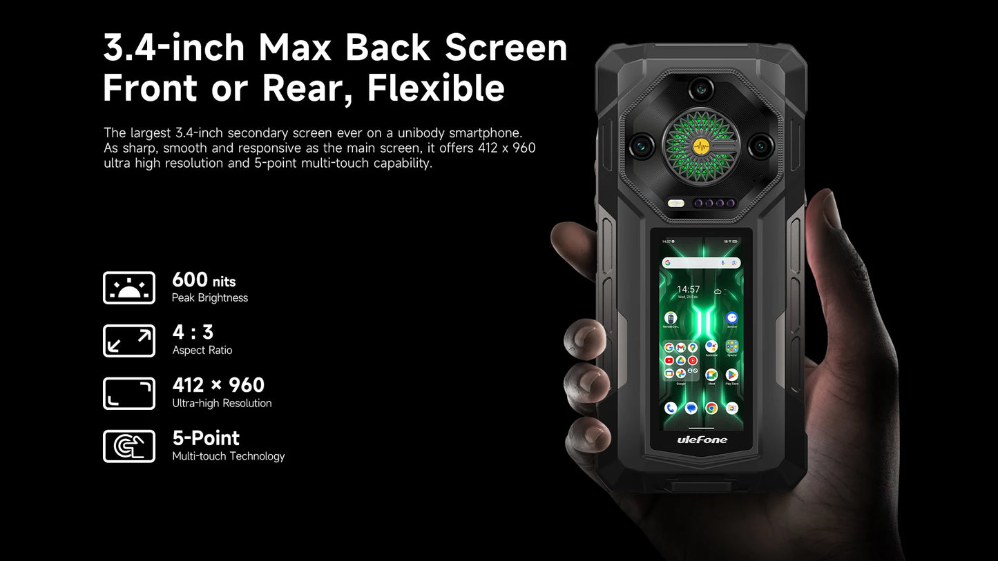 【Estreno mundial】Ulefone Armor 33 Pro 5G Teléfono resistente con batería de 25500 mAh, 512 GB de ROM, pantalla trasera de 6,59" y 3,4" a 120 Hz, NFC y Android.