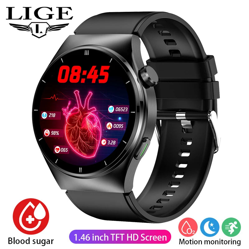 LIGE - Reloj inteligente para hombre de 1,46 pulgadas con terapia láser, control de lípidos, ácido úrico, VFC, llamadas, temperatura, deportivo y bienestar