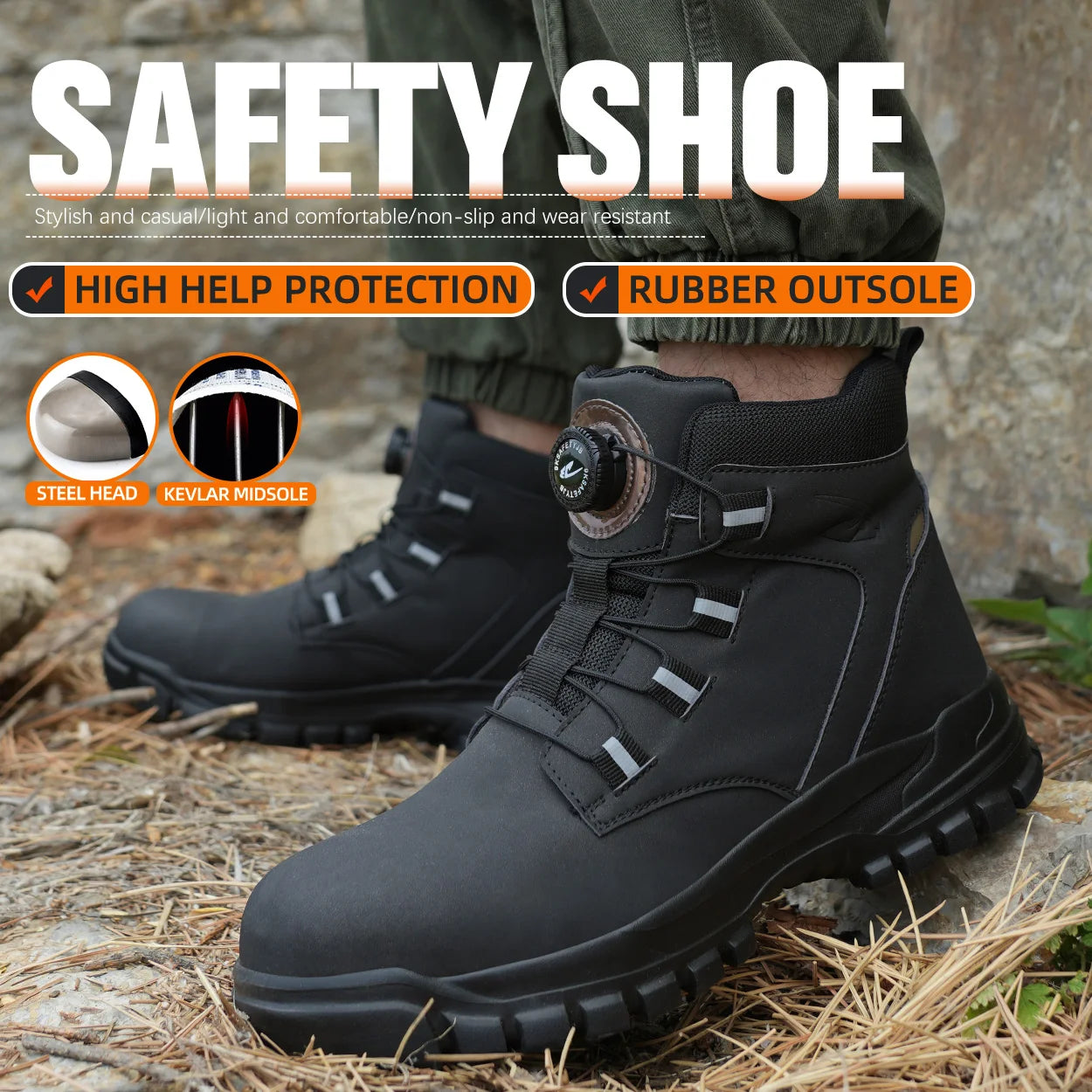 Zapatos de seguridad para hombre con botón giratorio, puntera de acero, zapatillas antideslizantes, zapatos de trabajo, botas de seguridad protectoras a prueba de perforaciones.