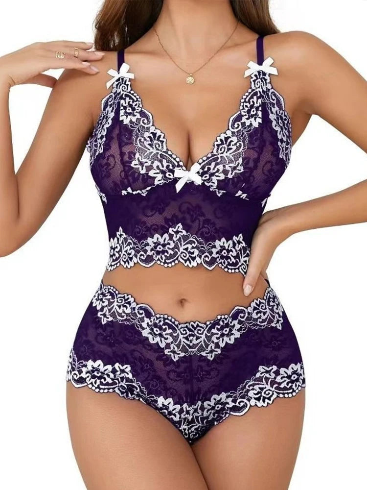 Conjunto de lencería sexy con sujetador, ropa interior sexy para mujer, bragas exóticas, lencería transparente de encaje con entrepierna abierta, disfraces eróticos porno.
