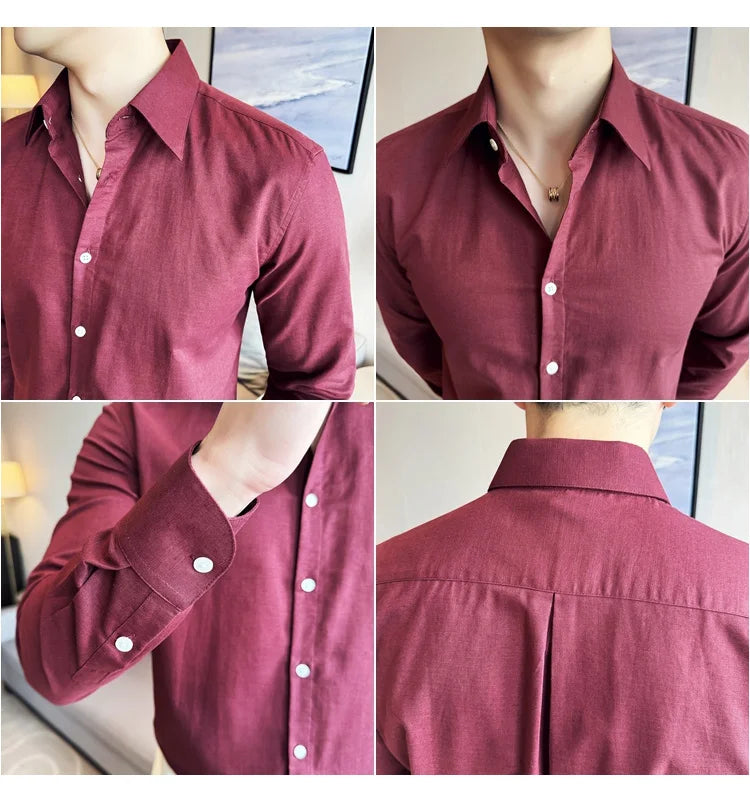 Camisa de hombre de color liso de alta calidad, 55 % algodón y 45 % lino, transpirable y con absorción de sudor, de manga larga. Tallas M-4XL.
