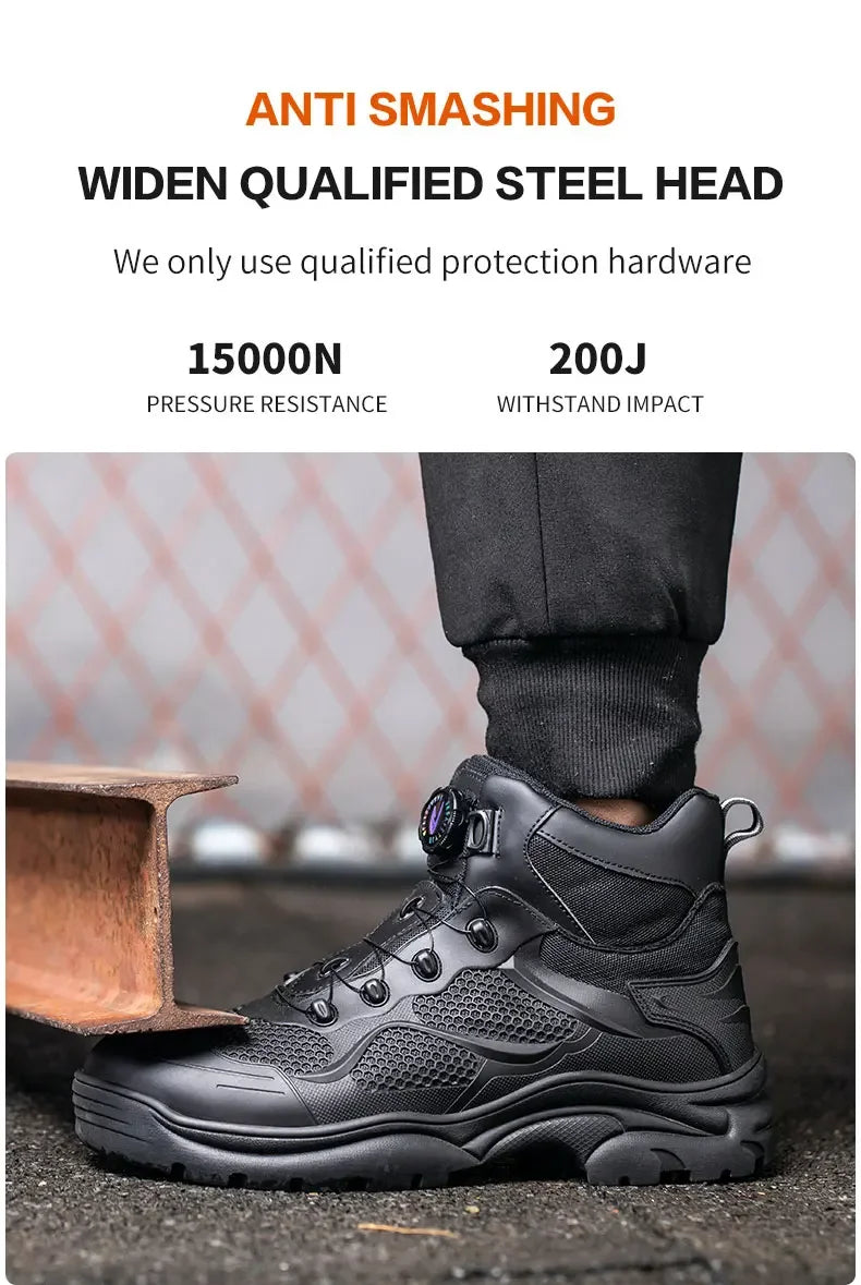 Botas de trabajo con hebilla giratoria, zapatos de seguridad con punta de acero, zapatos de seguridad transpirables para hombre, zapatos indestructibles de marca, zapatos de trabajo a prueba de pinchazos.