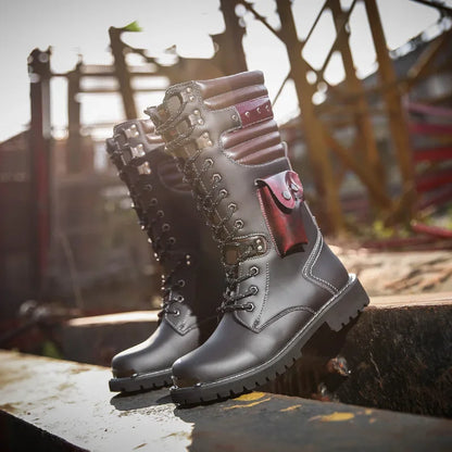 Botas altas de cuero para hombre, estilo motero, de invierno, estilo gótico punk, para hombre, estilo militar informal, para uso exterior.