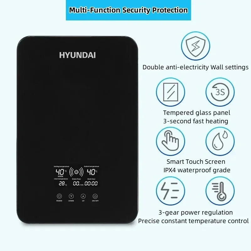 Calentador de agua eléctrico pequeño HYUNDAI con calentamiento rápido e instantáneo, temperatura constante inteligente y pantalla en inglés para ducha o baño.