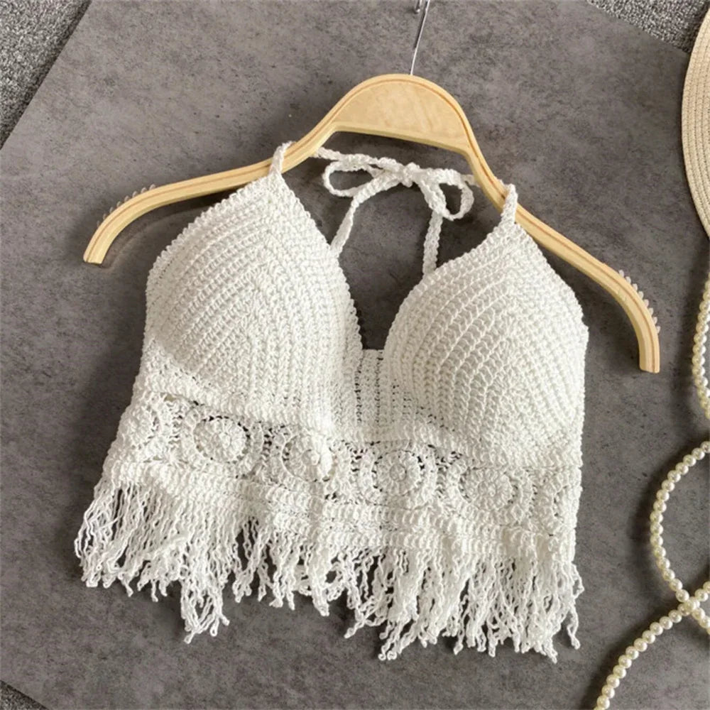 Ropa interior estilo bohemio para mujer, con flecos, espalda descubierta, cuello halter, lazo, bordado, tirantes con borlas, chaleco corto sin mangas