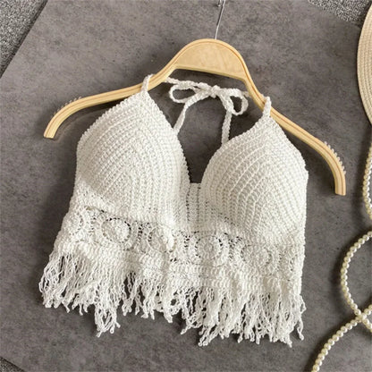 Ropa interior estilo bohemio para mujer, con flecos, espalda descubierta, cuello halter, lazo, bordado, tirantes con borlas, chaleco corto sin mangas