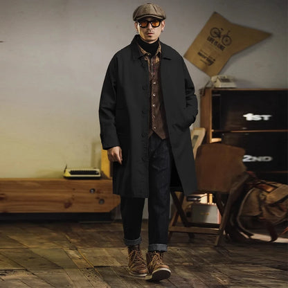 Retro American Sle Men's Long Coat Cotton Casual Faion Urban Youth Pure Color Button up Loose Fit Autumn Winter Coat