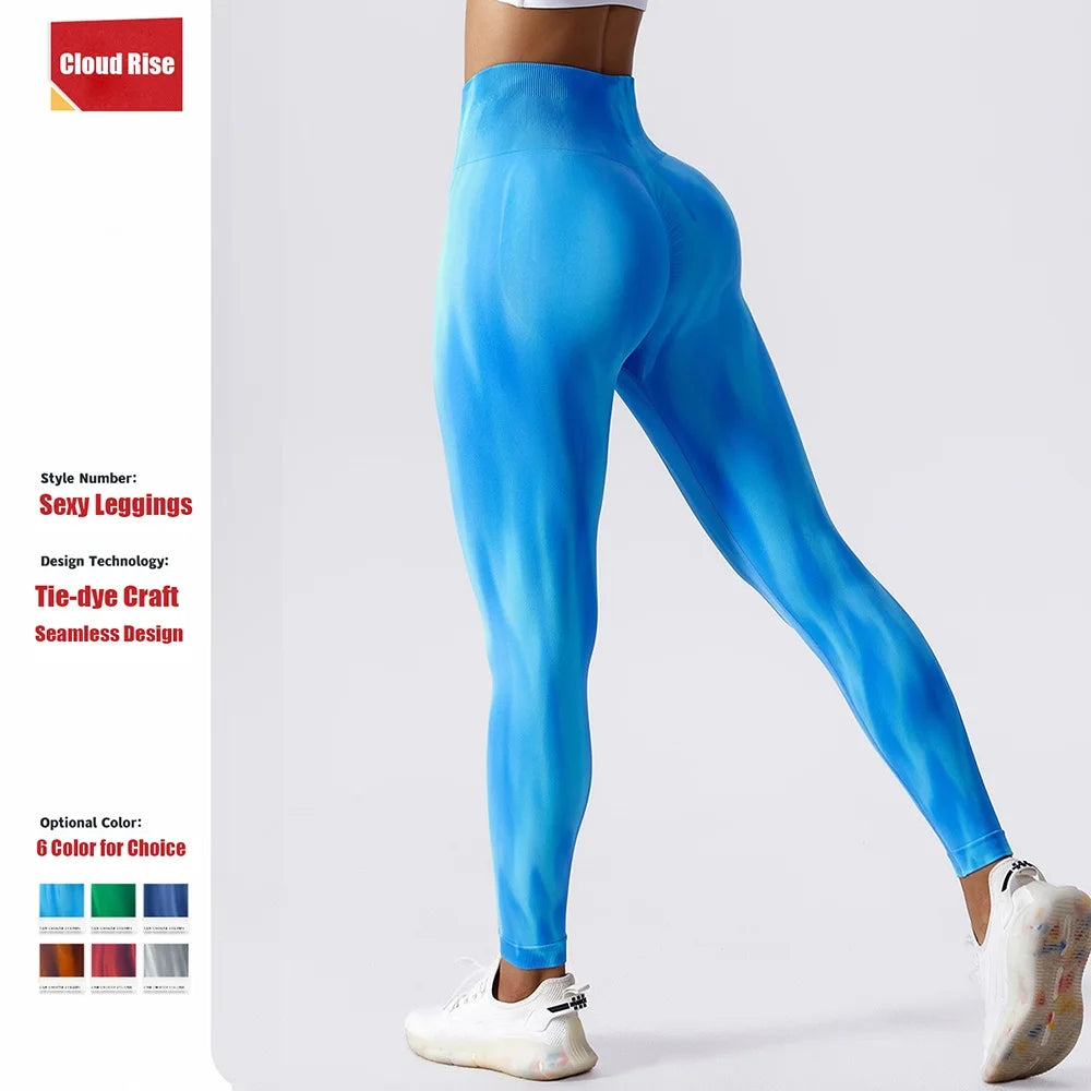Pantalones de yoga para mujer con estampado tie-dye Cloud Rise, leggings deportivos sexys para gimnasio, mallas sin costuras, pantalones de cintura alta para entrenar.