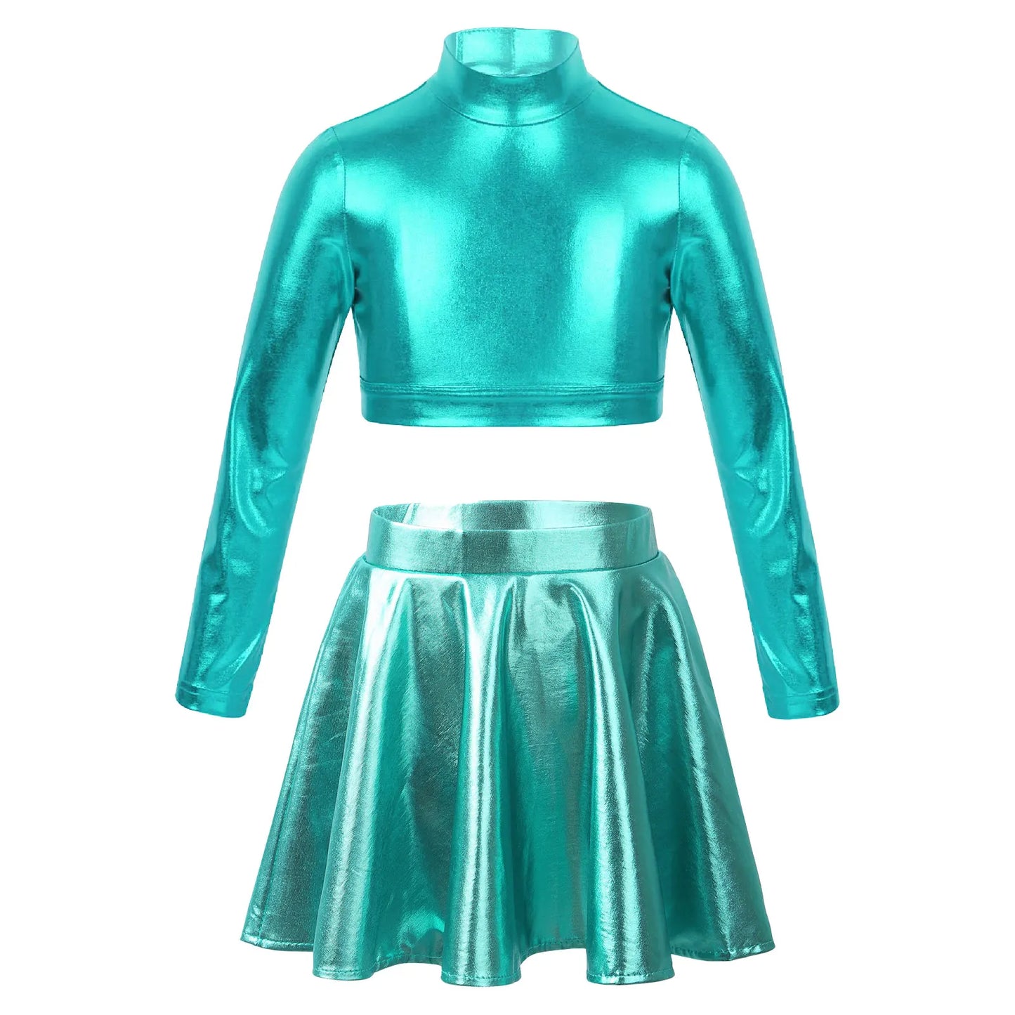 Ropa para niños, blusas sin mangas metálicas para niñas, minifalda plisada acampanada, conjunto de 2 piezas para niños, ropa de baile