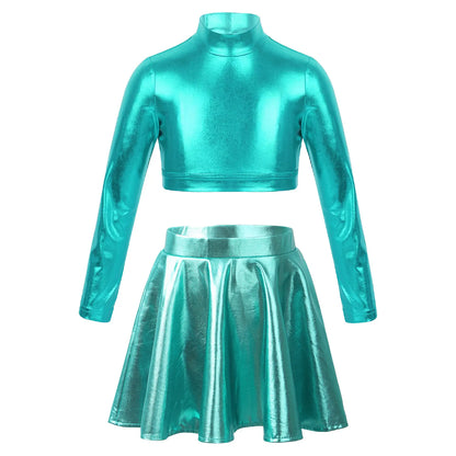 Ropa para niños, blusas sin mangas metálicas para niñas, minifalda plisada acampanada, conjunto de 2 piezas para niños, ropa de baile