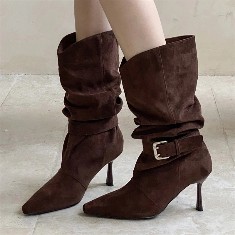 Eilyken Street Style Sexy Thin Heels Women Ankle Boots Punk Pleated Buckle Strap Booties Stripper Party Shoes Zapatos De Mujer