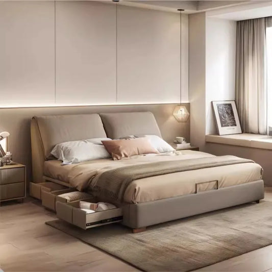 Dormitorio Caja Fuerte Cama Suelo de Madera Doble Cómoda Dormir Tamaño Grande Cama Suave Moda Interior Muebles Adornos Decoración del Hogar