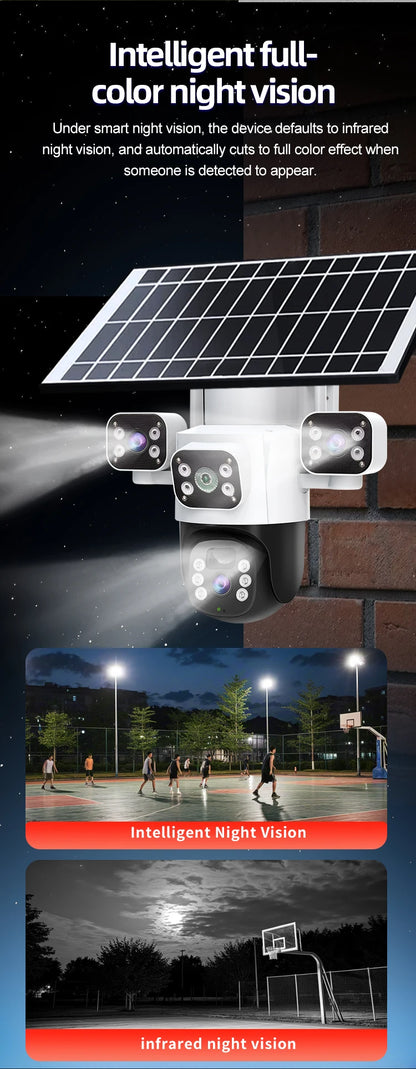 Cámara IP WiFi solar de 12 MP, CCTV con tres lentes y tres pantallas, seguimiento automático, vigilancia exterior 6K 4G, cámara PTZ, protección de seguridad