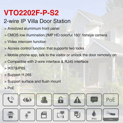 Portero automático Dahua VTO2202F-P S3 de 2 hilos con IP, cámara ojo de pez de 160° a color de 2 MP, 2 idiomas, H.265, multilingüe, con altavoz integrado y timbre.