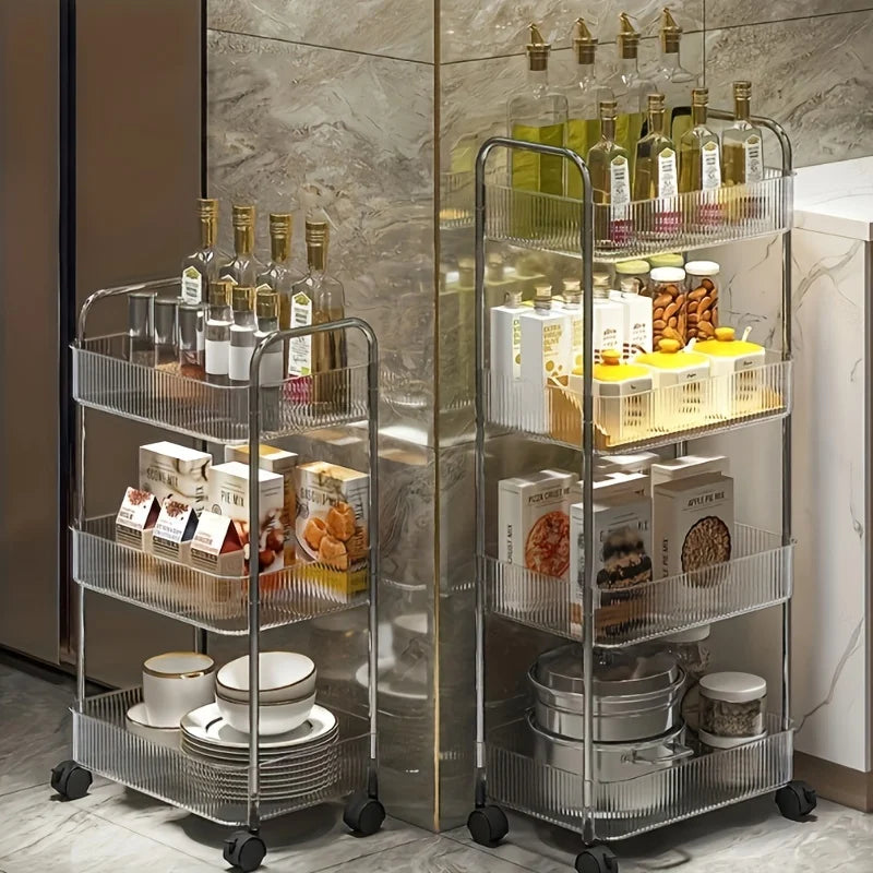 Carrito de almacenamiento transparente de 3 niveles con ruedas: organizador rodante multifuncional para el hogar y la oficina, ideal para el dormitorio y la sala de estar.