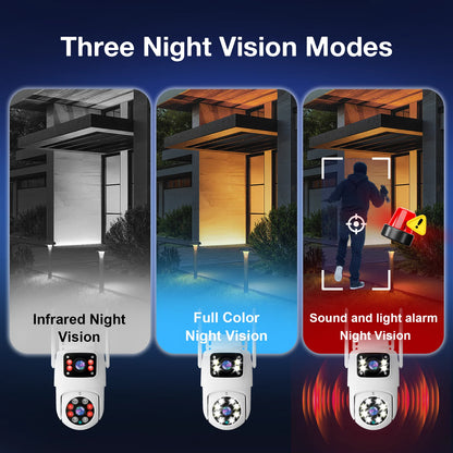 Cámara de seguridad exterior Tuya WiFi PTZ de 10 MP con doble lente, pantalla dual 4K, seguimiento automático y monitoreo de videovigilancia.
