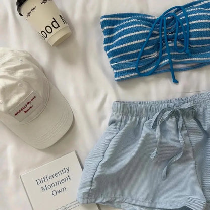 Bikini coreano retro a rayas para mujer, traje de baño de primavera con cuello colgante, para vacaciones en la playa, 2025