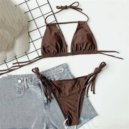 Conjunto de bikini micro con tanga y cuello halter para mujer, traje de baño sexy con cordones y aberturas, bikinis 2025