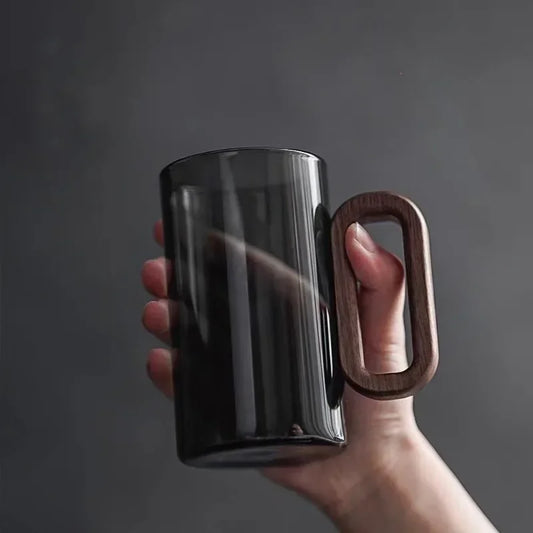 Tazas de té de vidrio de borosilicato de 360 ml, resistentes al calor, transparentes, con mango de madera, para agua potable, para el hogar y la oficina.