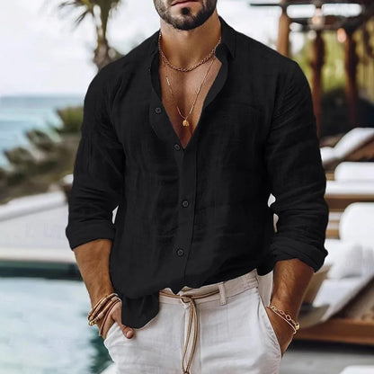 Camisa de lino y algodón para hombre, estilo playero veraniego, color liso, un solo botón, transpirable, ligera y elegante.