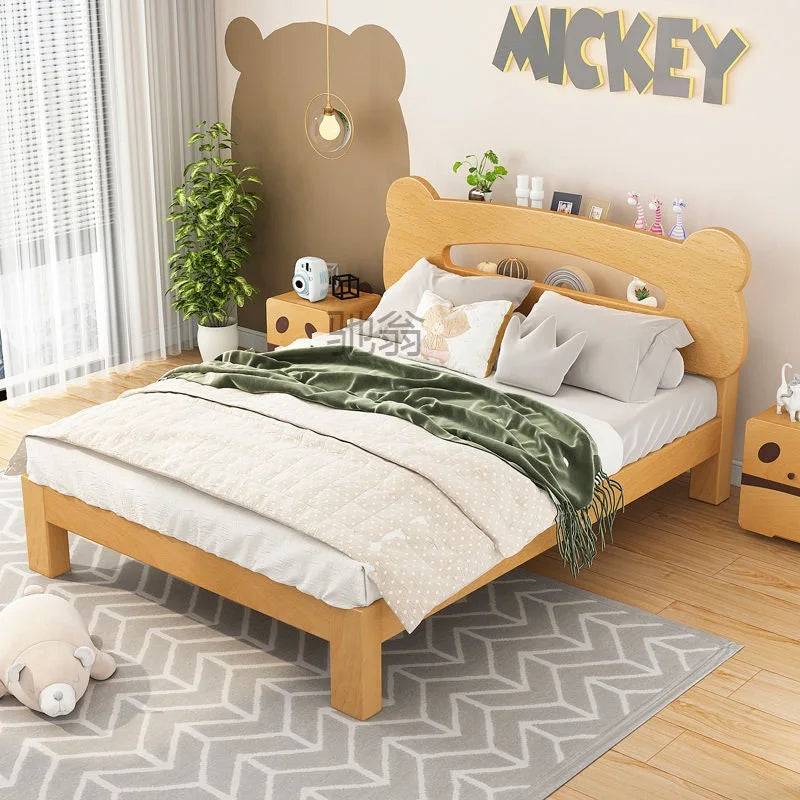 Cama infantil individual de madera maciza con diseño de oso y noche, con almacenamiento y dibujos animados sencillos. Ahora es un niño.