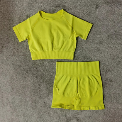 Conjunto de yoga fitness sin costuras para mujer, ropa deportiva de cintura alta, leggings, pantalones cortos de dos piezas, ropa de gimnasio para mujer