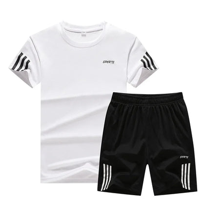 Conjunto de ropa deportiva de verano para hombre, camiseta y pantalones cortos de secado rápido, ropa deportiva para exteriores, talla grande, ligera, de producción china.