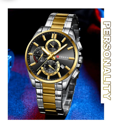 CURREN - Reloj cronógrafo de acero inoxidable para hombre con manecillas luminosas, tres subesferas, fecha automática, diseño moderno, de cuarzo