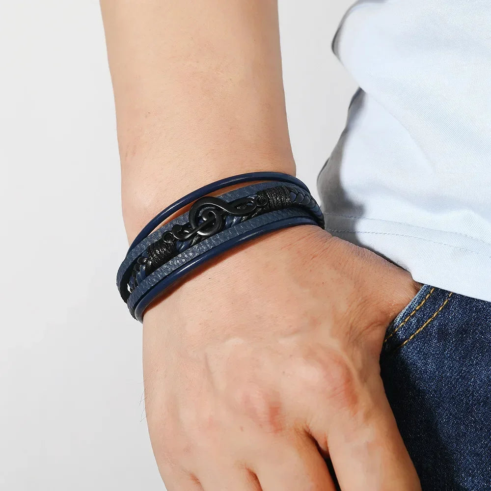 Pulseras para hombre, nuevas pulseras retro creativas con símbolo musical, pulseras sencillas de cuero multicapa con hebilla magnética, joyería